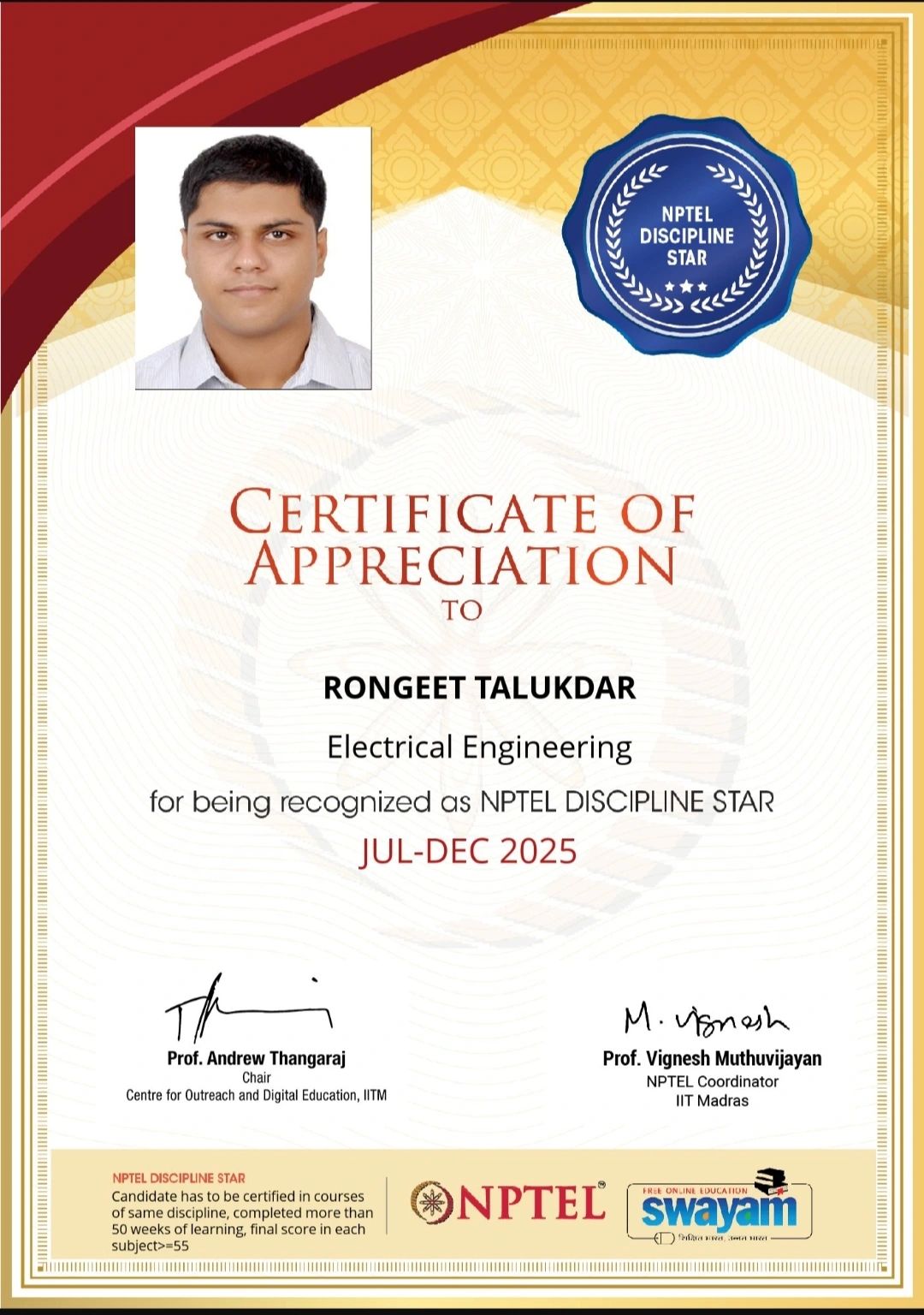 NPTEL Star Award 2026 — Discipline Star