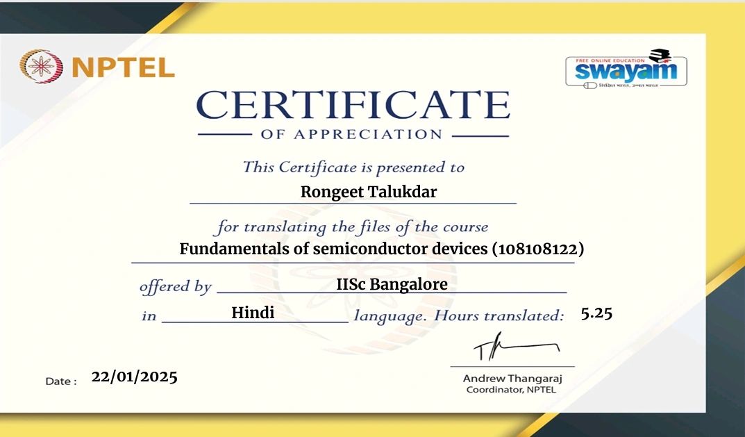 IISc Bangalore & NPTEL — Certificate of Appreciation